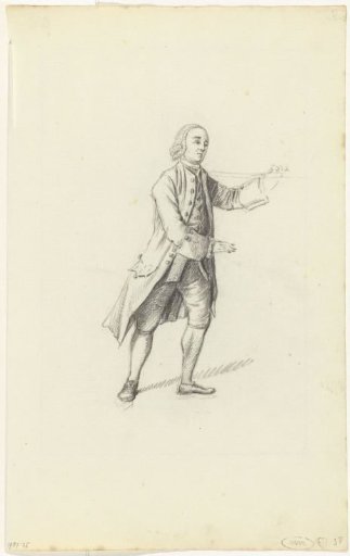 Walking man, to the right, a staff over his shoulder