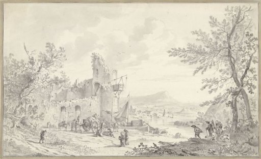 Southern river landscape with a ruin and fairgoers