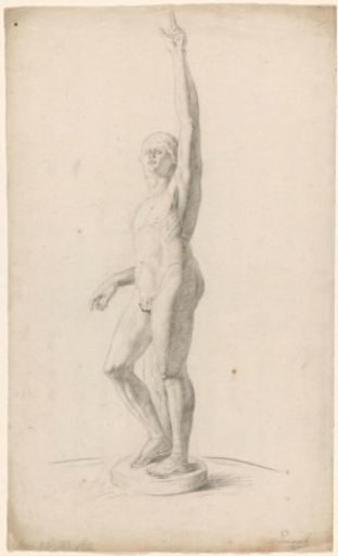 Plaster cast of an antique statue of a standing nude man with raised left arm