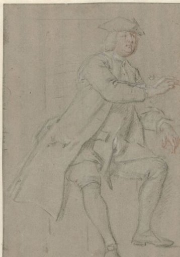 Seated man in long coat with pipe in hand, to the right