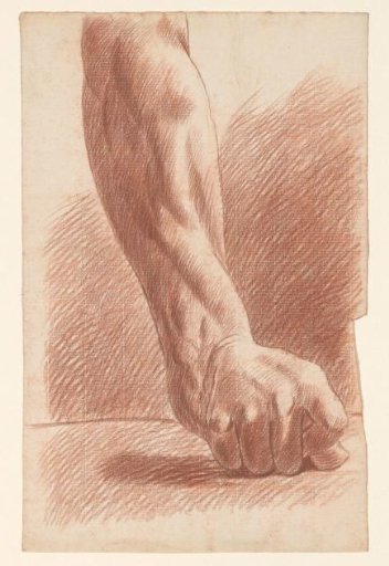Academic study after a plaster cast of an antique statue: detail study of an arm with a fist