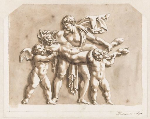 Satyr carried by two putti and a young man