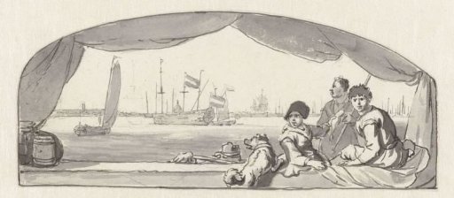 View of a harbour with fishermen and a dog in the foreground