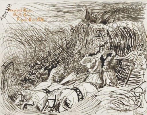 Sinking steamship and Neptune with chariot in the waves