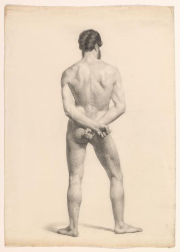 Academic study of a standing male nude, seen from the back with hands on the back