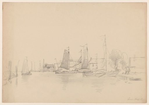 River with ships by a built-up shore