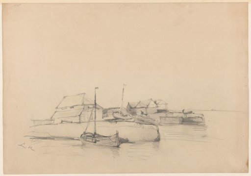 Houses and two ships by the coast