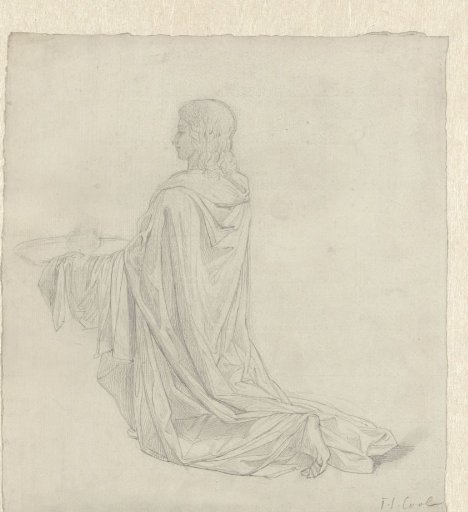 Kneeling boy in a loose cloak with a bowl