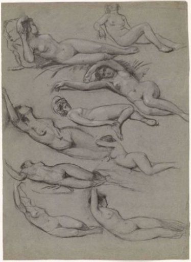 Nine studies of a reclining female nude