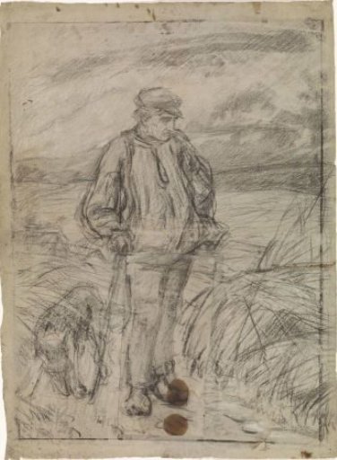 Standing farmer and his dog in the field, legs again on a separate piece of paper