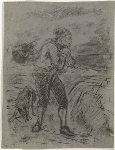 Staande boer en zijn hond op de akker