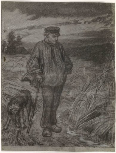 Standing farmer, hands clasped, and his dog in the field