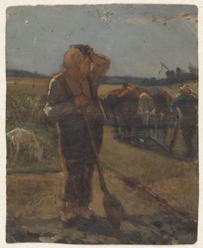 Peasant standing with a spade in the field