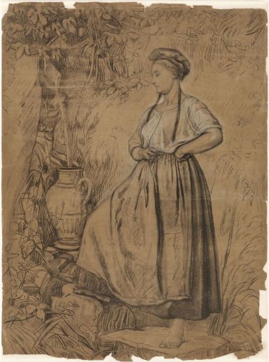 Standing Girl Filling a Jug with Water from a Spring