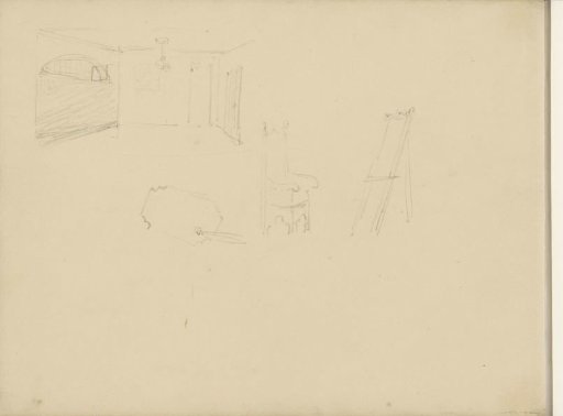 Interior, chair, palette, and an easel