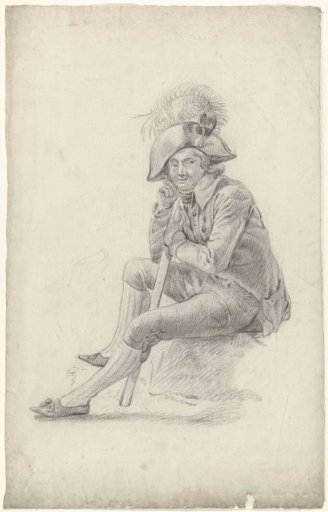 Seated man with stick and staff, to the left