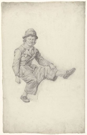Seated man with extended leg, to the right