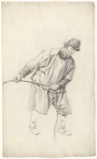 Standing man, pulling on a rope