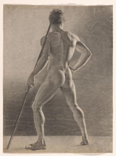 Academic study of a standing male nude with a staff, seen from the back