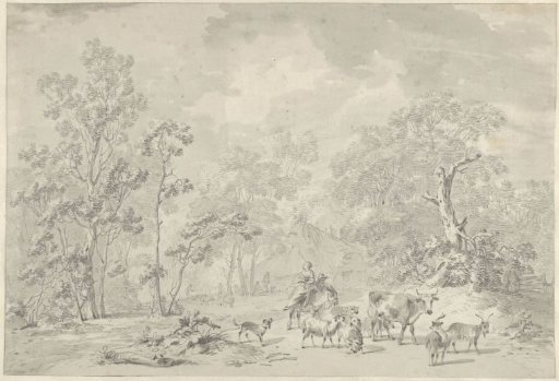Shepherd and cattle in a wooded landscape