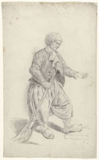 Standing man with fur cap, broom and outstretched hand