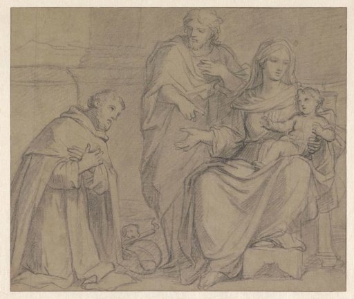 The Holy Family adored by a monk with a dog