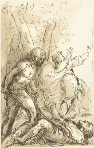 Man with a Sword Attacks a Lying Man, While a Third Flees