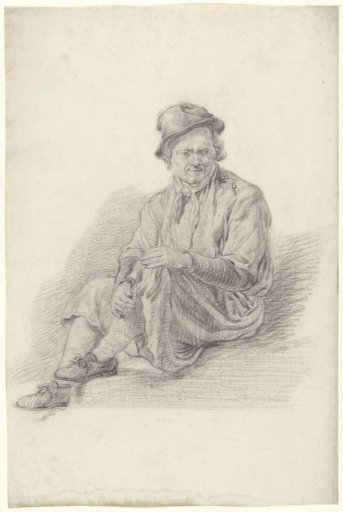 Seated man, hands clasped around the left knee
