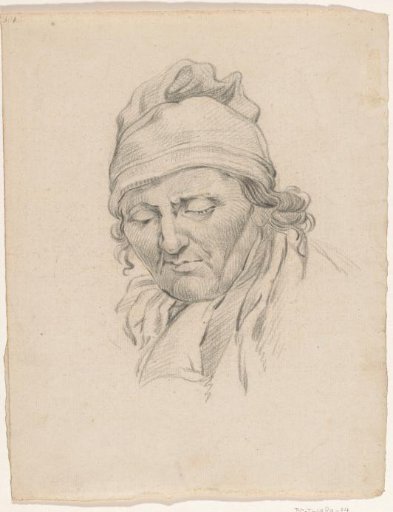 Head of a man looking down, with a cap on