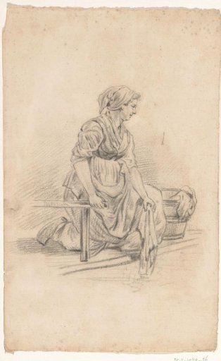 Kneeling woman with washing at the water