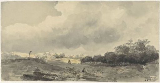 Landscape with shepherd under a heavy cloudy sky