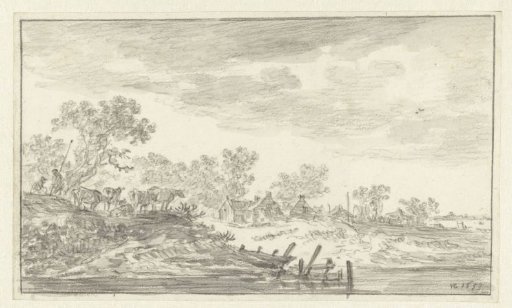 View of a bank with shepherds and cattle