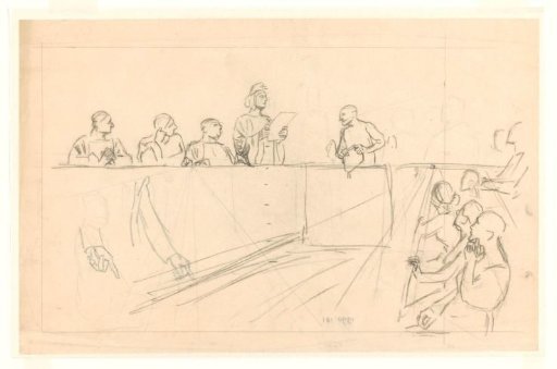 Design for an illustration in De Amsterdammer: A courtroom with a man in the dock (14 February 1920)