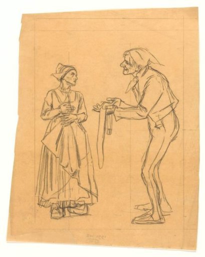Design for an illustration in De Amsterdammer: A man with a belt standing before a woman in wooden shoes (6 April 1918)