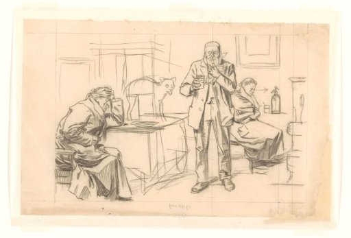 Design for an illustration in De Amsterdammer: Two seated figures and a standing man with a goblet Kwast (23 November 1918)