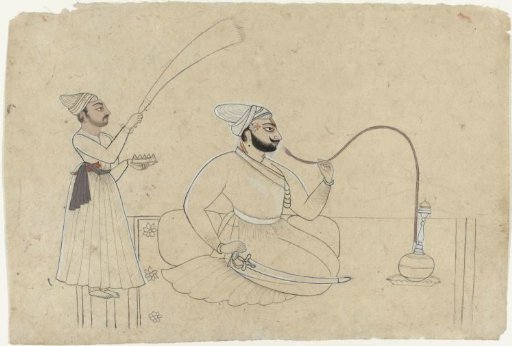 Portrait of Ajmat Dev of Mankot, smoking a hookah, with a servant holding a fan behind him