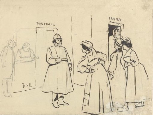 Design for an illustration in De Amsterdammer: Four women in front of a door (Portugal) guarded by a policeman (1 December 1907)