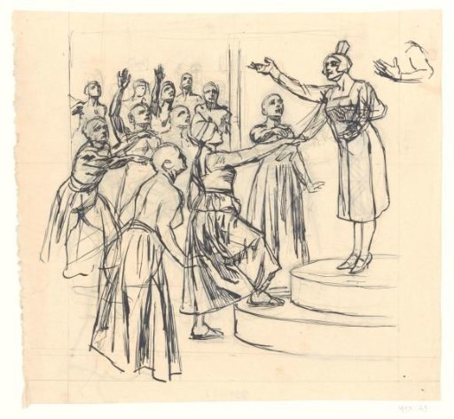 Standing woman on a pedestal before a group of women with outstretched arms