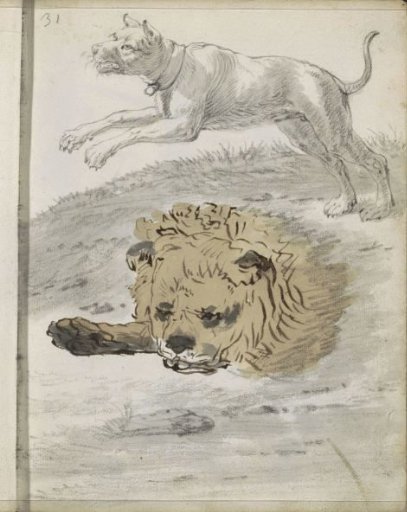 Jumping dog and the head of a lion