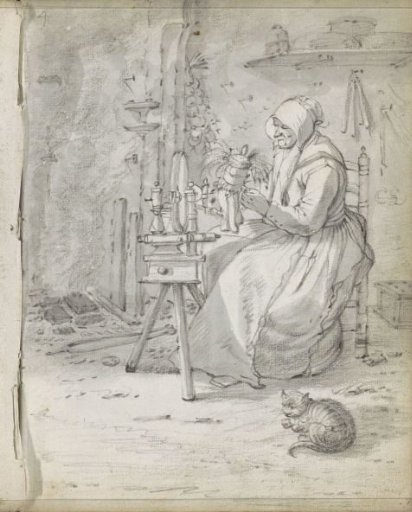 Peasant Interior with a Woman at a Spinning Wheel