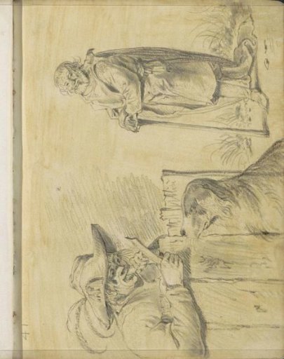 Man eating with a dog and a traveler with a staff