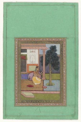 Malavashri ragini, kneeling woman with a lotus flower before a house