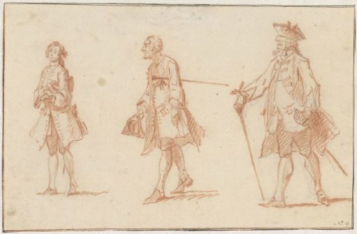 Three male figures, two with stick and sword
