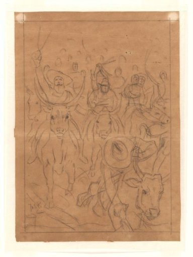 Design for an illustration in De Amsterdammer: Farmers riding cows (March 2, 1902)