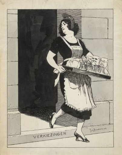 Design for an illustration in De Amsterdammer: The Dutch Maiden as a maid, stumbling over a step with a branch of glass plants, Elections (17 May 1924)