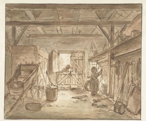 Stable Interior with a Girl Hanging Up a Cloth