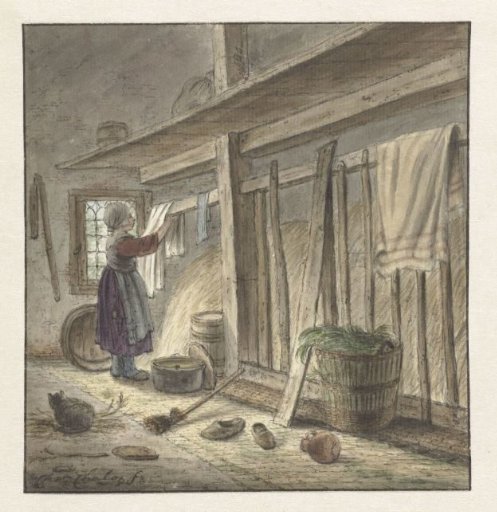 Corner of a Stable with a Girl Hanging Up a Cloth