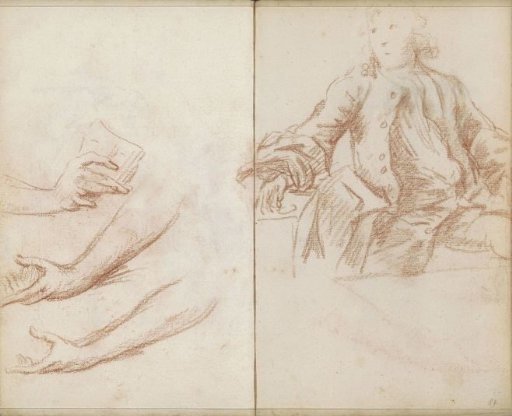 Forearms, a hand, and a seated man beside a table