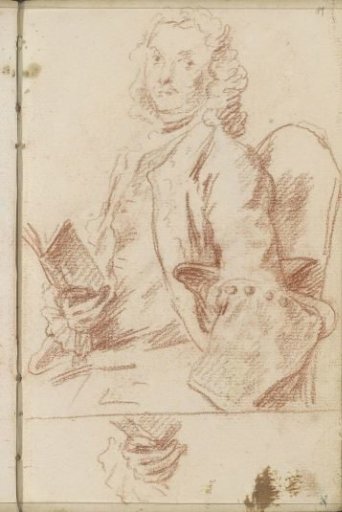 Seated man with a book and a hand holding a book