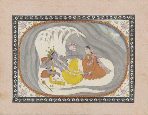 Vishnu lies on the serpent Ananta, Bhumi sits before him